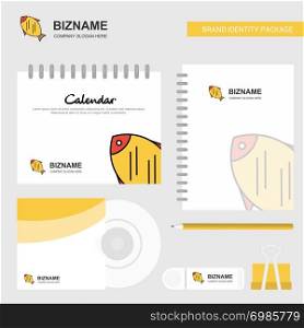 Fish Logo, Calendar Template, CD Cover, Diary and USB Brand Stationary Package Design Vector Template