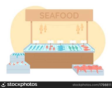 Fish market 2D vector isolated illustration. Seafood marketplace. Supermarket fish section flat object on cartoon background. Buy fresh production from freezer section at grocery store colourful scene. Fish market 2D vector isolated illustration