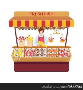 Fish market with sellers and seafood. Sellers of fish and their showcase in a Cartoon characters flat style vector illustration.