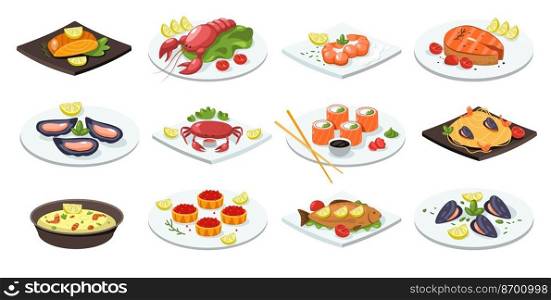 Fish meal. Cartoon seafood dishes traditional asian food, flat salmon roll lobster sushi mussel crab on plate japanese cuisine. Vector isolated set. Caviar, soup with prawns for restaurant menu. Fish meal. Cartoon seafood dishes traditional asian food, flat salmon roll lobster sushi mussel crab on plate japanese cuisine. Vector isolated set