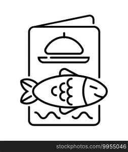 Fish menu icon vector. List of menu and seafood, salmon are shown in outline style. Herring, mackerel is shown. Pollock, carp, halibut, trout sign in outline style.. Fish menu icon vector. List of menu and seafood, salmon are shown in outline style. Herring, mackerel is shown. Pollock, carp, halibut, trout sign