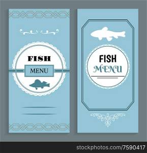 Fish menu template, vector seafood dishes list with marine animal silhouette. Vector cover mockup with ornamental frame, salmon or trout emblem on blue. Fish Menu Template, Vector Seafood Dishes List