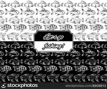 Fish monochromic seamless borders. Monochromic seamless borders set with hand drawn fish vector