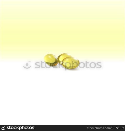 Fish oil, pills isolated on yellow background, vector illustration.