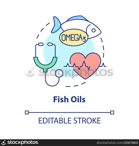 Fish oils concept icon. Fat acids and vitamins for healthy lifestyle abstract idea thin line illustration. Isolated outline drawing. Editable stroke. Roboto-Medium, Myriad Pro-Bold fonts used. Fish oils concept icon