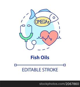 Fish oils concept icon. Fat acids and vitamins for healthy lifestyle abstract idea thin line illustration. Isolated outline drawing. Editable stroke. Roboto-Medium, Myriad Pro-Bold fonts used. Fish oils concept icon