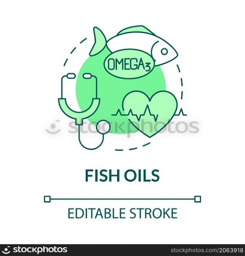 Fish oils green concept icon. Fat acids and vitamins for sports trainings abstract idea thin line illustration. Isolated outline drawing. Editable stroke. Roboto-Medium, Myriad Pro-Bold fonts used. Fish oils green concept icon