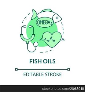Fish oils green concept icon. Fat acids and vitamins for sports trainings abstract idea thin line illustration. Isolated outline drawing. Editable stroke. Roboto-Medium, Myriad Pro-Bold fonts used. Fish oils green concept icon