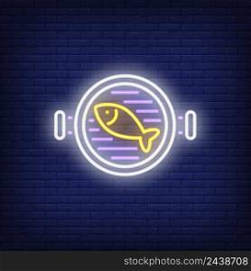 Fish on barbeque grill neon sign. Grill, barbeque, dinner concept. Advertisement design. Night bright neon sign, colorful billboard, light banner. Vector illustration in neon style.