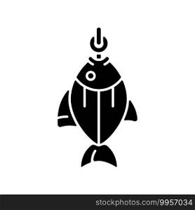 Fish on hook black glyph icon. Fishing tournament. Anglers trophy. Sea food restoration. Commercial fishing process. Active rest. Silhouette symbol on white space. Vector isolated illustration. Fish on hook black glyph icon