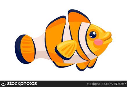 Fish orange amphiprion with white stripes isolated. Vector animal marine clown fish, orange striped for aquarium illustration. Fish orange amphiprion with white stripes isolated