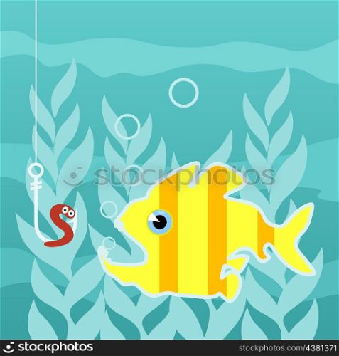 Fish. Predatory fish wishes to swallow a worm on a hook. A vector illustration