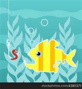 Fish. Predatory fish wishes to swallow a worm on a hook. A vector illustration