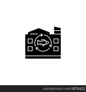 Fish processing plant black glyph icon. Commercial seafood products preparation and preservation. Fish processing. Fishing industry. Silhouette symbol on white space. Vector isolated illustration. Fish processing plant black glyph icon