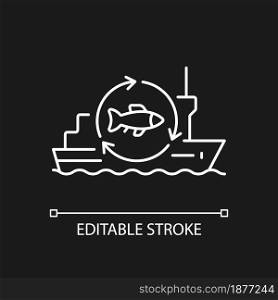 Fish processing vessel white linear icon for dark theme. Large factory ship. Commercial fishery. Thin line customizable illustration. Isolated vector contour symbol for night mode. Editable stroke. Fish processing vessel white linear icon for dark theme