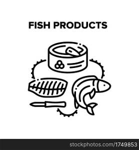 Fish Products Vector Icon Concept. Freshness Fish Fillet Meat For Cooking Tasty Dish And Caviar Product Canned Container Packaging. Appetizer And Delicious Seafood Black Illustration. Fish Products Vector Black Illustrations