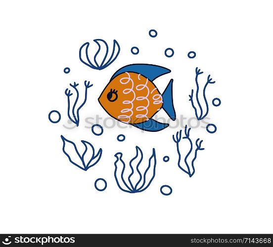 Fish round composition. Cute aquarium fish character in doodle style. Vector color illustration.