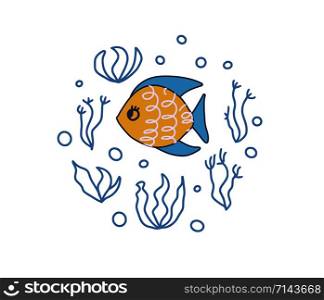 Fish round composition. Cute aquarium fish character in doodle style. Vector color illustration.