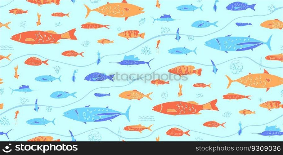 Fish sea kids seamless repeat pattern half drop, orange, blue, navy colorful. Fish seamless repeat pattern half drop method for kids sea theme