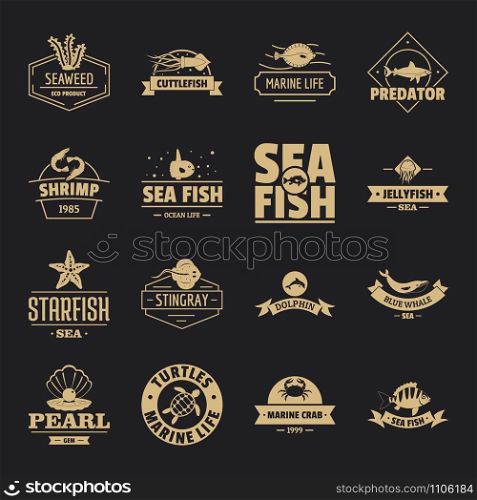 Fish sea logo icons set. Simple illustration of 16 fish sea logo vector icons for web. Fish sea logo icons set, simple style