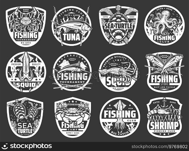 Fish, seafood and fisherman tackle isolated icons of vector fishing sport club and tournament design. Sea tuna, marlin and ocean crab, fishing boat, rod and net, squid, octopus, shrimp and sea turtle. Fish, seafood, fisherman tackle icons, fishing
