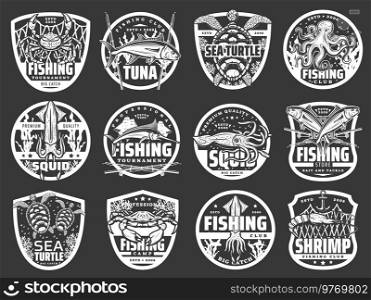 Fish, seafood and fisherman tackle isolated icons of vector fishing sport club and tournament design. Sea tuna, marlin and ocean crab, fishing boat, rod and net, squid, octopus, shrimp and sea turtle. Fish, seafood, fisherman tackle icons, fishing