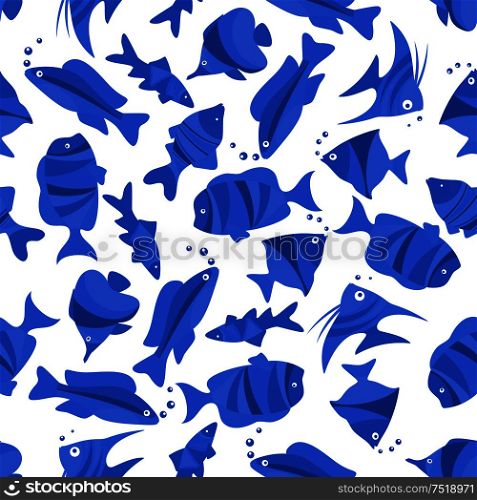 Fish seamless pattern background. Blue stylized fishes print with water bubbles. Underwater vector decoration wallpaper. Blue fishes seamless decoration background