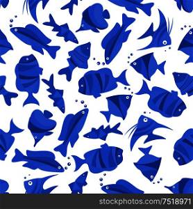 Fish seamless pattern background. Blue stylized fishes print with water bubbles. Underwater vector decoration wallpaper. Blue fishes seamless decoration background