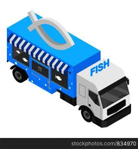 Fish shop truck icon. Isometric of fish shop truck vector icon for web design isolated on white background. Fish shop truck icon, isometric style