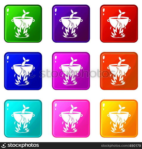 Fish soup on a fire icons of 9 color set isolated vector illustration. Fish soup on a fire set 9