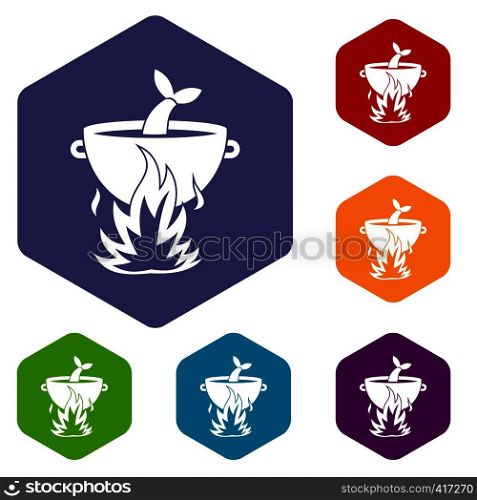 Fish soup on a fire icons set rhombus in different colors isolated on white background. Fish soup on a fire icons set