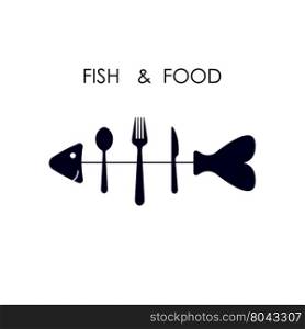 Fish,spoon,fork and knife icon.Fish &amp; food logo design vector icon.Fish &amp; food restaurant menu icon.Vector Illustration