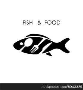 Fish,spoon,fork and knife icon.Fish &amp; food logo design vector icon.Fish &amp; food restaurant menu icon.Vector Illustration