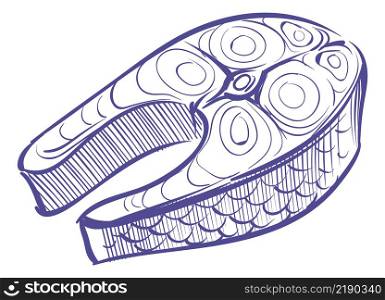 Fish steak in hand drawn style. Water animal meat slice for cooking isolated on white background. Fish steak in hand drawn style. Seafood symbol