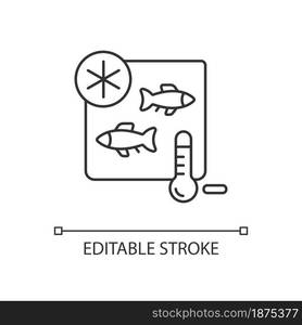 Fish storing linear icon. Keep cool to save quality. Seafood storage. Freezing fish for trade. Thin line customizable illustration. Contour symbol. Vector isolated outline drawing. Editable stroke. Fish storing linear icon