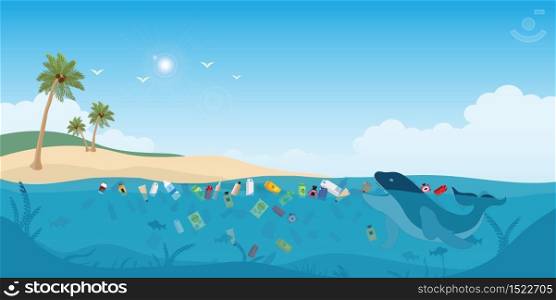 Fish swimming in the ocean full of garbage. The sea is polluted with household garbage. Plastic bottles and packaging are floating in the waves.Environmental disaster concept Vector illustration.