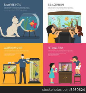 Fish Tank Design Concept. Aquarium design concept compositions set with flat images of aquarian and children characters with fish bowl vector illustration