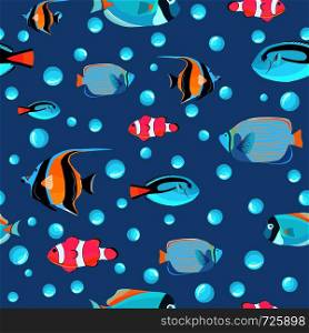 Fish underwater with bubbles. Abstract undersea seamless pattern. Kids background. Pattern of fish for textile fabric or book covers, wallpapers, design, graphic art, wrapping. Fish underwater with bubbles. Undersea seamless pattern.