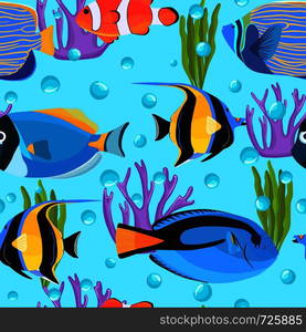 Fish underwater with bubbles. Kids background. Reef Undersea seamless pattern. Pattern of fish for textile fabric or book covers, wallpapers, design, graphic art, wrapping. Fish underwater with bubbles. Undersea seamless pattern.