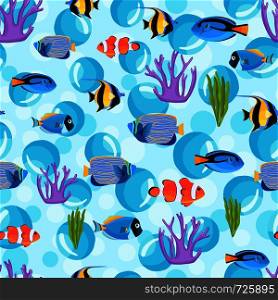 Fish underwater with bubbles. Kids background. Undersea seamless pattern. Pattern of fish for textile fabric or book covers, wallpapers, design, graphic art, wrapping. Fish underwater with bubbles. Undersea seamless pattern.