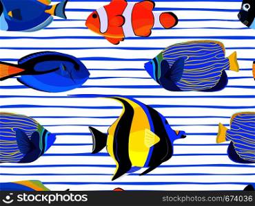 Fish underwater with bubbles seamless pattern on stripes background. Pattern of fish for textile fabric or book covers, wallpapers, design, graphic art, wrapping. Fish underwater with bubbles seamless pattern on stripes background.