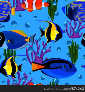 Fish underwater with bubbles. Undersea seamless pattern. Kids background. Pattern of fish for textile fabric or book covers, wallpapers, design, graphic art, wrapping. Fish underwater with bubbles. Undersea seamless pattern.