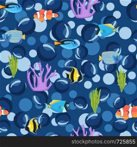 Fish underwater with bubbles. Undersea seamless pattern. Kids background. Pattern of fish for textile fabric or book covers, wallpapers, design, graphic art, wrapping. Fish underwater with bubbles. Undersea seamless pattern.