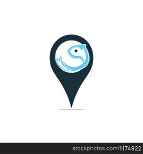 Fish vector logo with GPS pointer design. Fish and GPS vector logo design template.