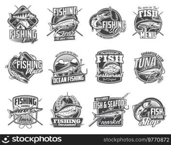 Fish with fisherman tackle isolated icons of vector fishing sport. Bass, marlin, tuna and trout, pike, carp, perch, flounder and catfish badges design with hooks, fishing rods, floats and c&tent. Fish with fisherman tackle, fishing isolated icons