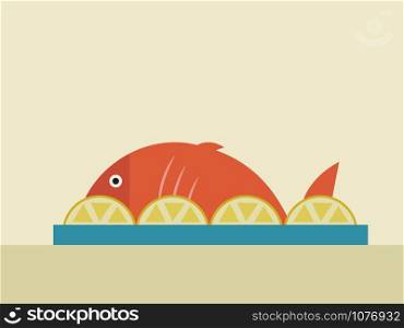 Fish with lemons, illustration, vector on white background.