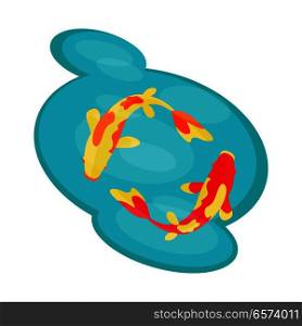 Fish yellow and red swimming in blue lake on white background. Two fish floating visible and in air hole to clean and clear water. Vector illustration of colourful animals with gills living in water. Fish Yellow and Red Swimming in Lake on White.