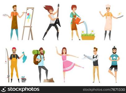 Fisherman and backpackers vector, people hobbies set. Man with guitar, guitarist of metal band, gardening and cooking, yoga dancing and constructing. Painter and Guitarist, Traveler and Fisherman