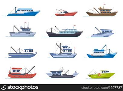Fisherman boats. Fishing commercial ships, fisher sea boat for ocean water, shipping seafood industry boat isolated vector illustration set. Sea fishing, ship marine industry, fish boat. Fisherman boats. Fishing commercial ships, fisher sea boat for ocean water, shipping seafood industry boat isolated vector illustration set