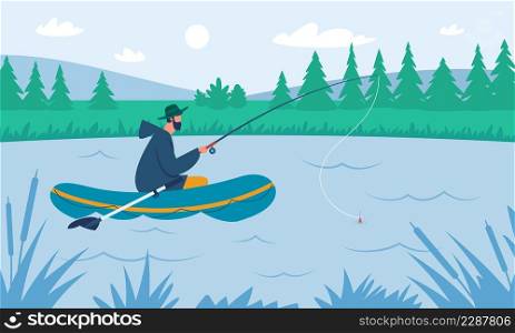 Fisherman catching fish with fishing rod on lake or river. Fisher with rod on boat, summer outdoor leisure activity vector set illustration. Fishing hobby, catch by fisherman. Fisherman catching fish with fishing rod on lake or river. Fisher with rod on boat, summer outdoor leisure activity vector set illustration